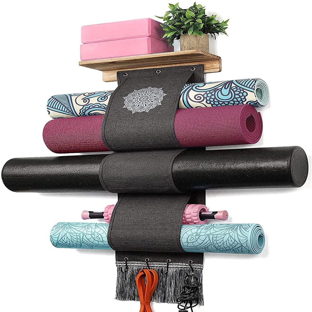 VINAEMO Yoga Mat Holder Wall Mount Storage Rack with 3 Sizes Pocket Wood Floating Shelves and 4 Hooks for Hanging Foam Roller Yoga Mats Yoga Block Home Gym Accessories Carbonized Black