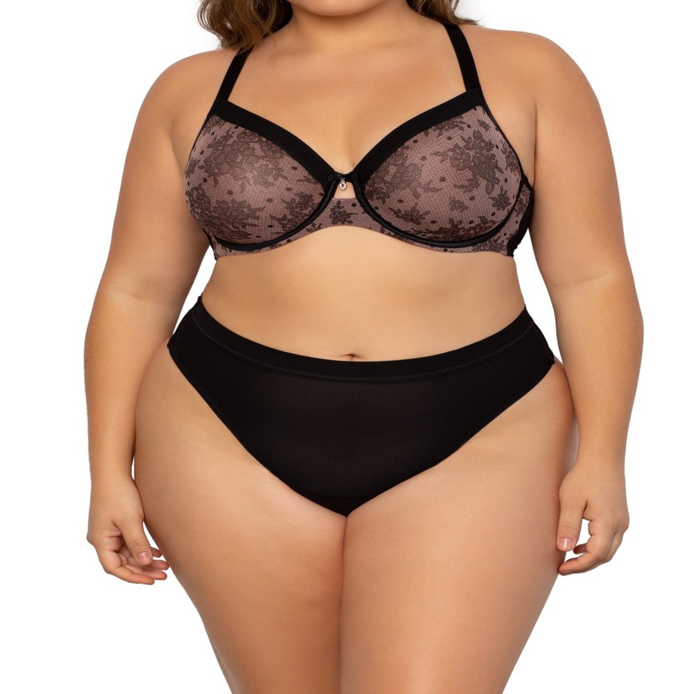 Curvy Couture Plus Size Women's Mesh High Cut Thong, Black Hue, XXL
