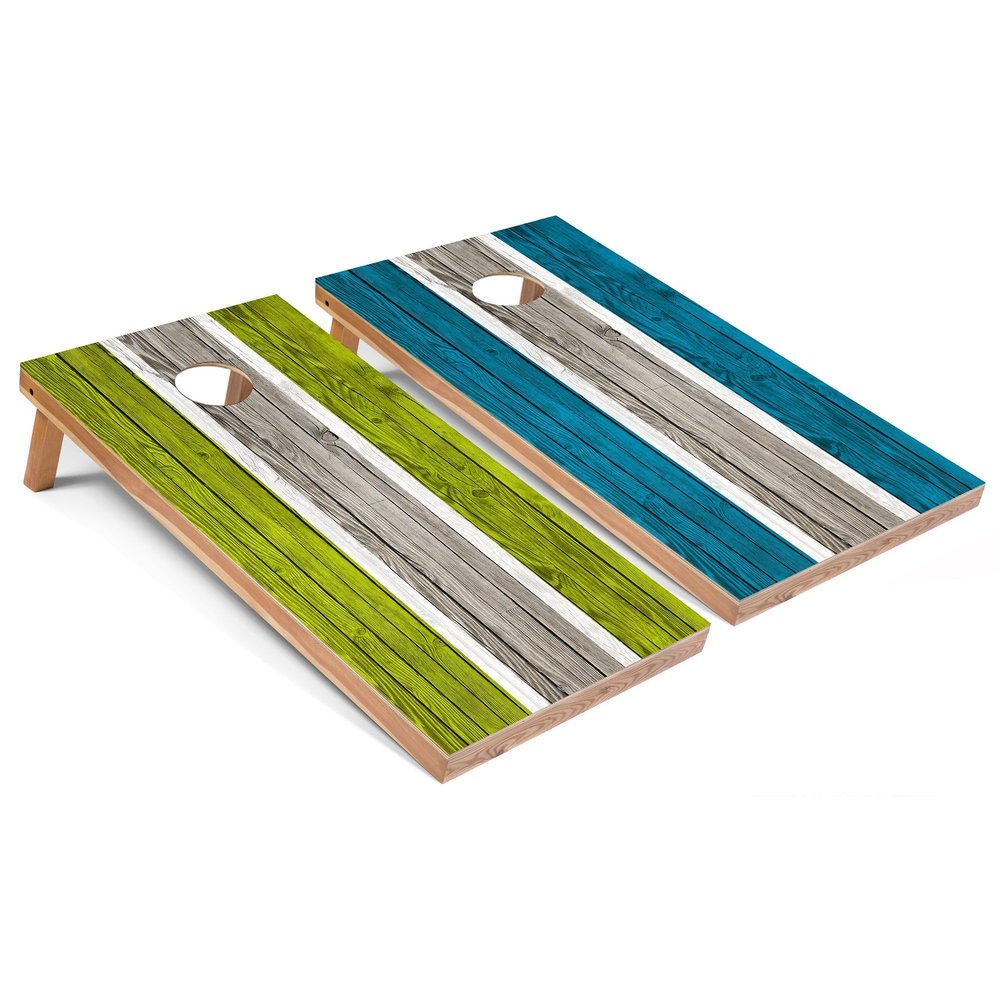 Lime and Turquoise Striped Corn Hole Set - Premium - Include Hole + Edge Lights