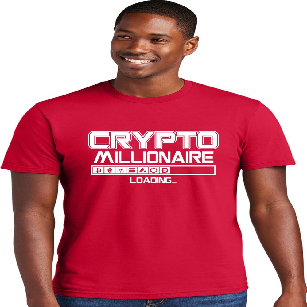 Medium Red Mens Crypto Millionaire Loading Bitcoin Ethereum Funny Deluxe Soft T-Shirt