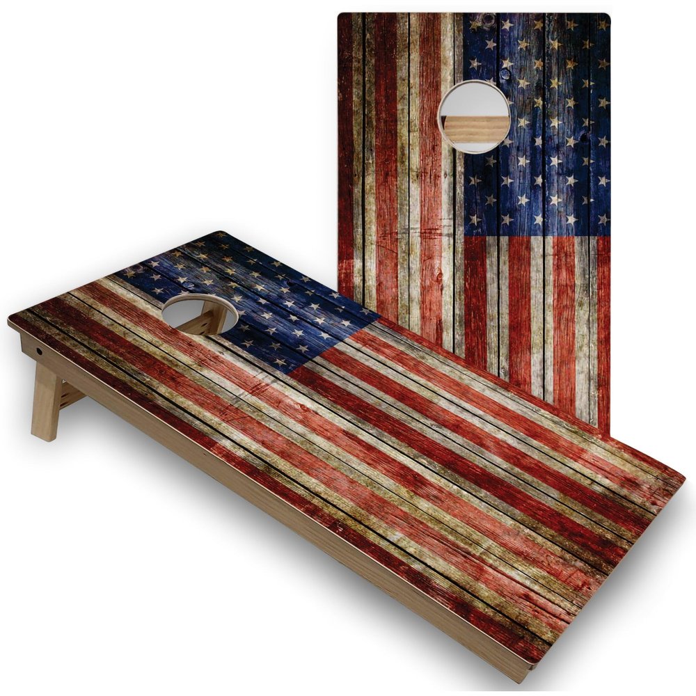 Skip's Garage American Flag Rustic Corn Hole Set - Premium - Include Case + Hole + Edge Lights