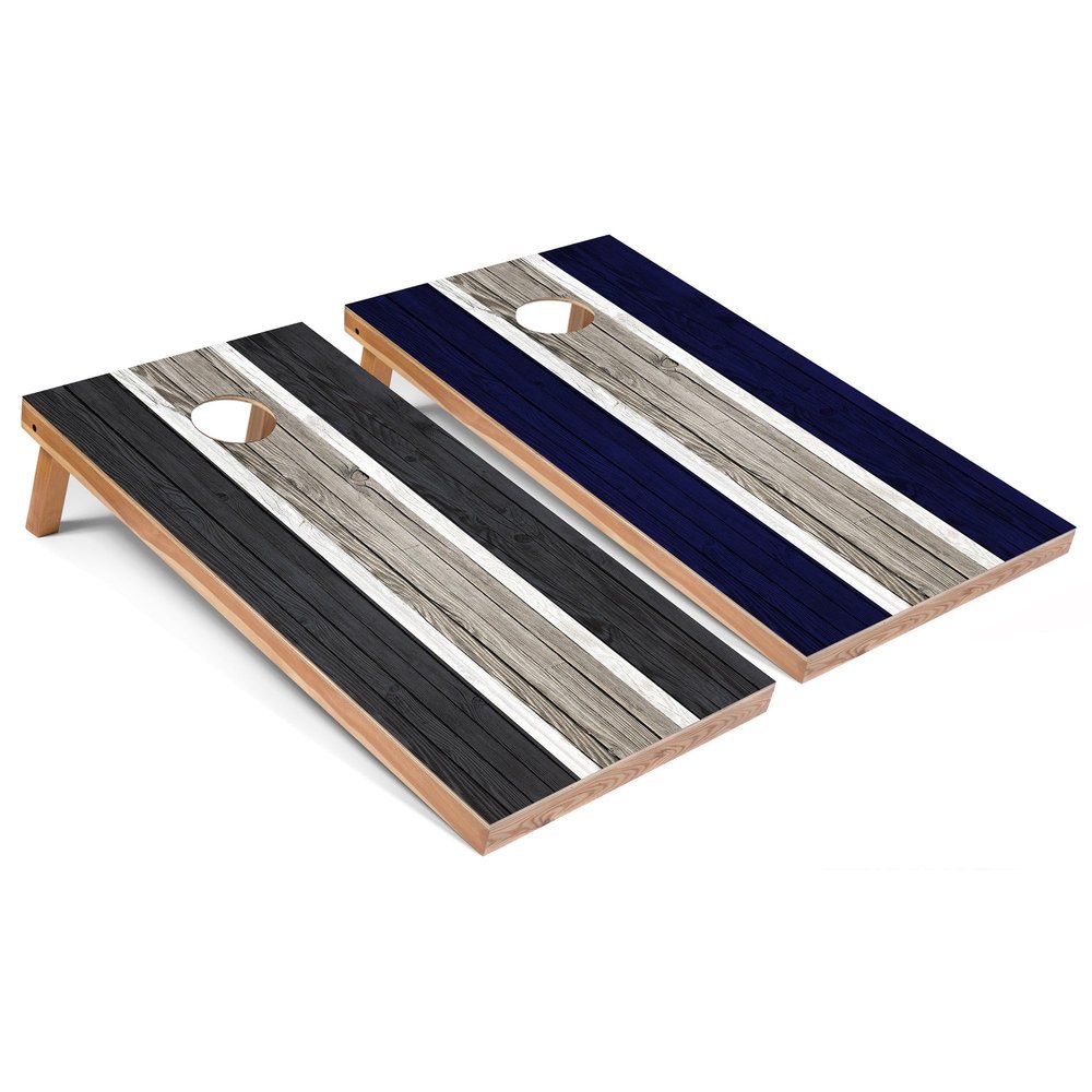 Dark Grey and Navy Striped Corn Hole Set - Regular - Include Edge Lights