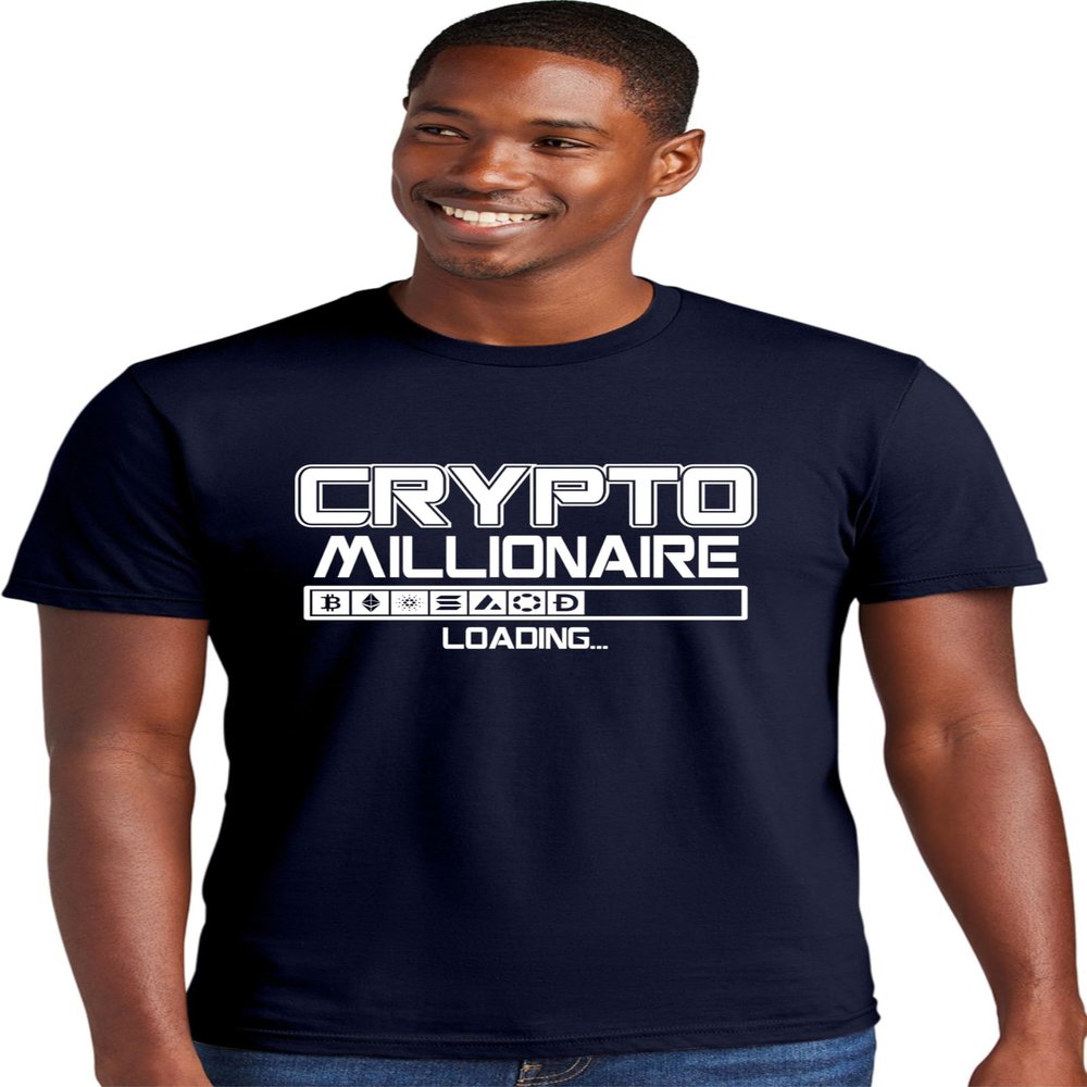 Large Navy Blue Mens Crypto Millionaire Loading Bitcoin Ethereum Funny Deluxe Soft T-Shirt