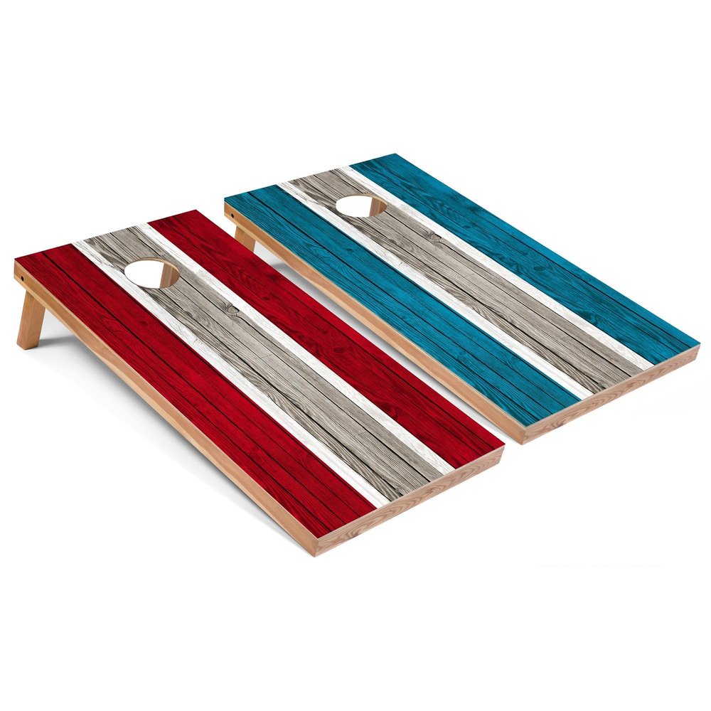 Red and Turquoise Striped Corn Hole Set - Regular - Include Case + Hole + Edge Lights