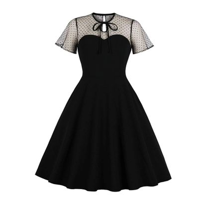 50s Dresses for Women 1950s Vintage Rockabilly Retro Keyhole Mesh A Line Midi Skater Pleated Swing Wedding Bridesmaid Cocktail Party Formal Evening Prom Dress with Pockets Black-Short Sleeve S
