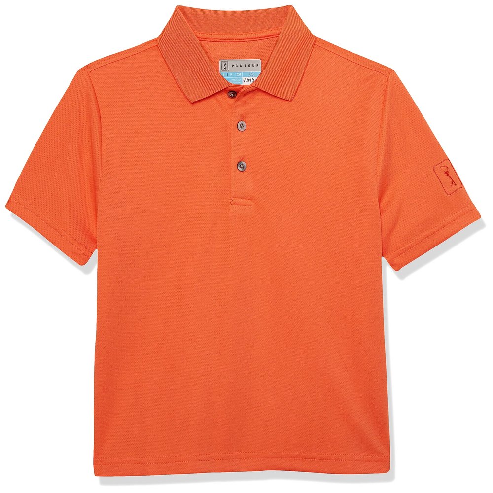 PGA Tour Boys Airflux Short Sleeve Golf Polo Shirt, Ribbed Collar, Moisture-Wicking, Sun Protection, Ventilated Lightweight, Spring Bouquet, Medium