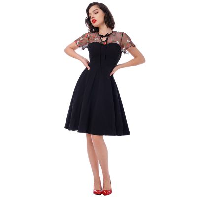 50s Dresses for Women 1950s Vintage Rockabilly Retro Keyhole Mesh A Line Midi Skater Pleated Swing Wedding Bridesmaid Cocktail Party Formal Evening Prom Dress with Pockets Embroidered-Short Sleeve XL