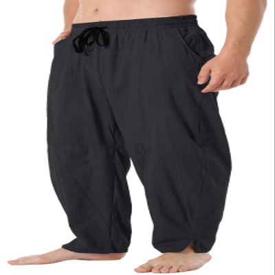 CLANMILUMS Men's Cotton Linen Pants Loose Casual Lightweight Elastic Waist Summer Beach Trousers (Small, Black)