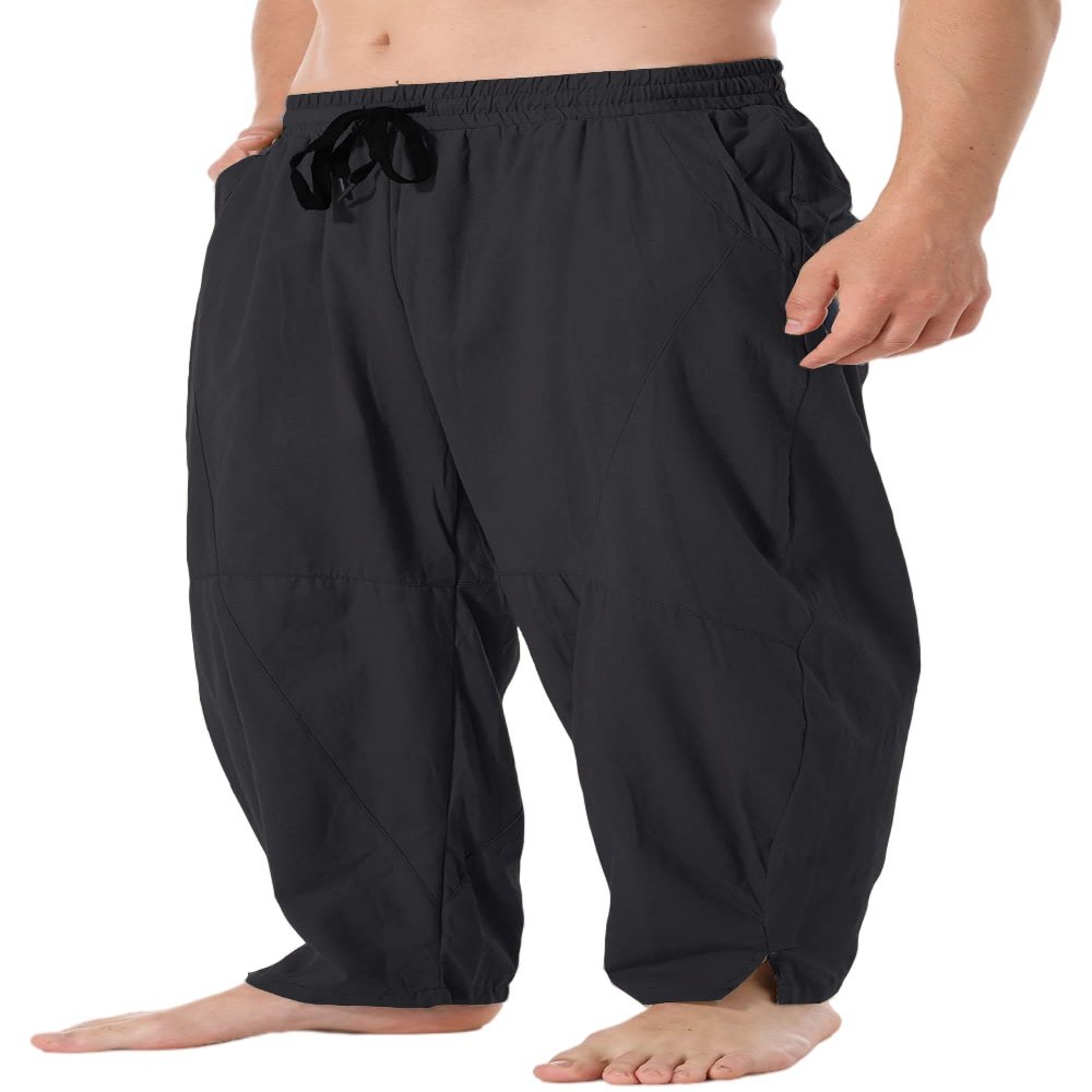CLANMILUMS Men's Cotton Linen Pants Loose Casual Lightweight Elastic Waist Summer Beach Trousers (Small, Black)