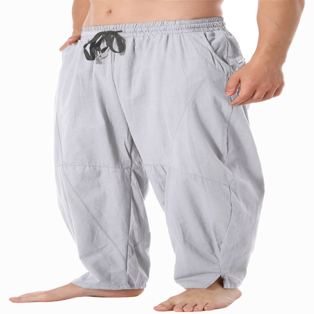 CLANMILUMS Mens Cotton Linen Loose Casual Lightweight Elastic Waist Summer Beach Pants (Large, Grey)
