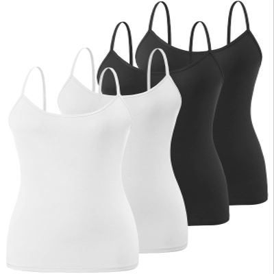 Air Curvey 4 Pack Camisole Tops for Women Basic Undershirt Tanks Adjustable Spaghetti Straps Camis Seamless Soft Layering Top Black Black White White M