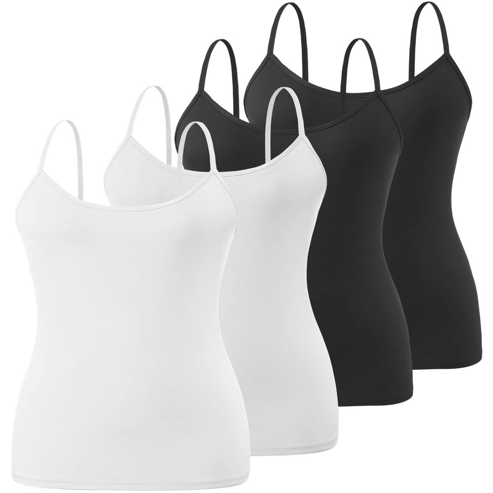 Air Curvey 4 Pack Camisole Tops for Women Basic Undershirt Tanks Adjustable Spaghetti Straps Camis Seamless Soft Layering Top Black Black White White M