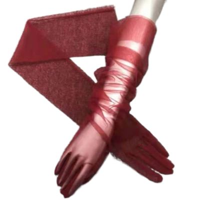 Acenail White Gloves Long Tulle Wedding Gloves Elbow Length 20s Glove Opera Party Sheer Bridal Glove (Red)