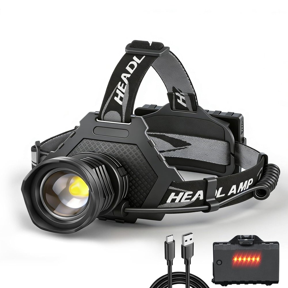 Bud K LED Headlamp USB Rechargeable, Head Lamp XHP70 Super Bright 90000 High Lumen with 5 Modes, Batteries Included, Zoomable, Waterproof Headlight for Camping Hunting Running Fishing Biking (Black)