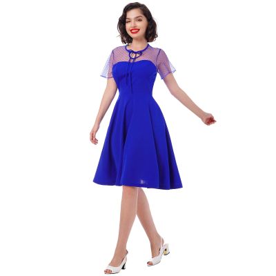 50s Dresses for Women 1950s Vintage Rockabilly Retro Keyhole Mesh A Line Midi Skater Pleated Swing Wedding Bridesmaid Cocktail Party Formal Evening Prom Dress with Pockets Royal Blue-Short Sleeve XL