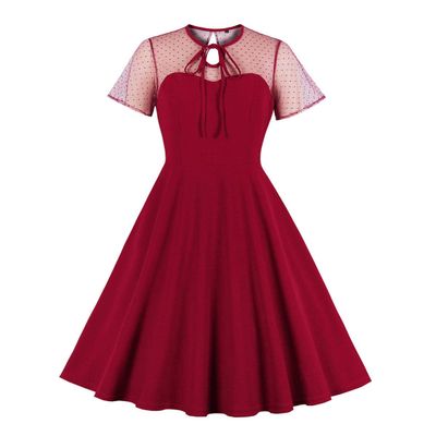 50s Dresses for Women 1950s Vintage Rockabilly Retro Keyhole Mesh A Line Midi Skater Pleated Swing Wedding Bridesmaid Cocktail Party Formal Evening Prom Dress with Pockets Wine Red-Short Sleeve 4XL