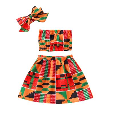 Toddler Kids Baby Girls African Style Vest Tops Dashiki Skirts Headband Ankara Outfits 3PCS Summer Clothes Set (Orange, 6-12 Months)