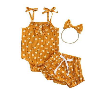 Newborn Infant Baby Girl Clothes Sleeveless Summer Suit Strap Top Elastic Drawstring Short Cute Baby Outfits (Yellow Daisy, 6-12 Months)