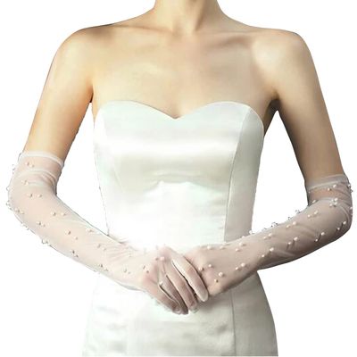 Acenail Pearl Womens Wedding Gloves Long Tulle White Finger Lace 20s Opera Evening Party Sheer Gloves for Brides