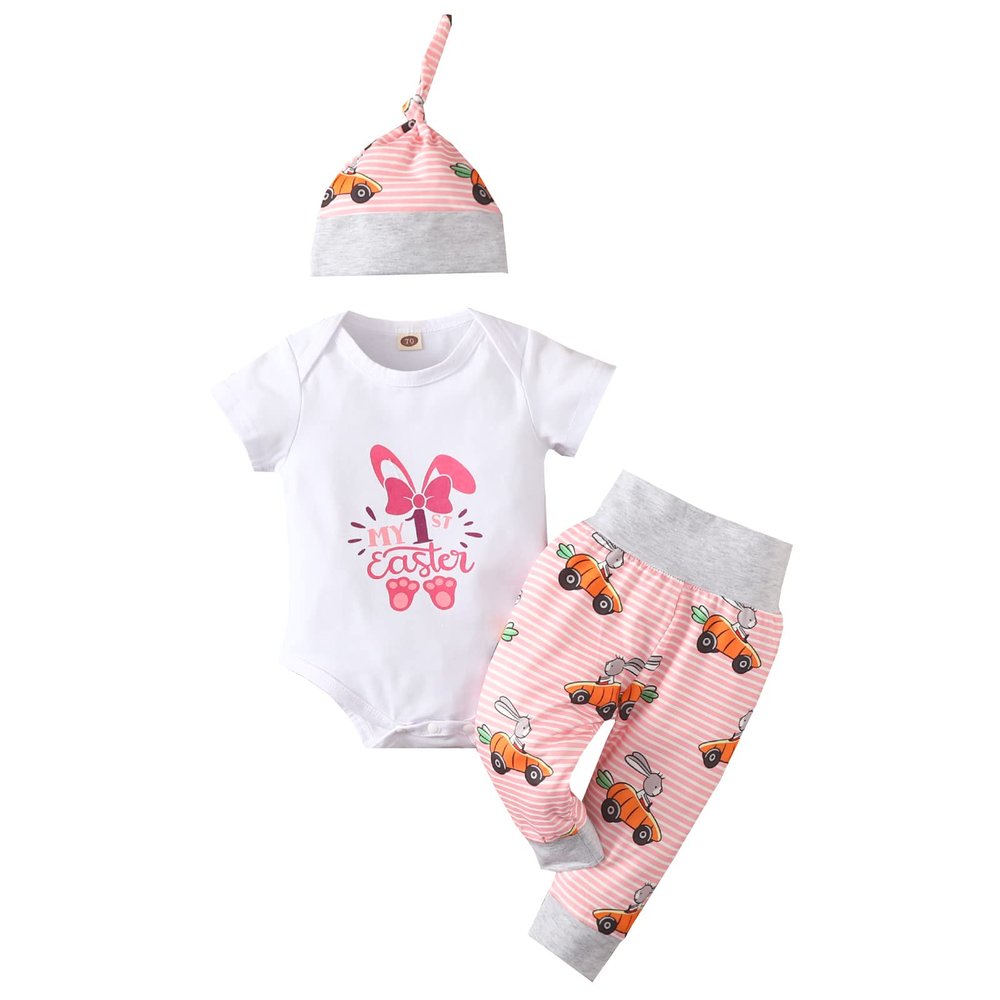 Toddler Baby Boy Girl Easter Outfit My 1st Easter Cute Bunny Romper Bodysuit Tops Long Pants Hat 3Pc Summer Clothes (Pink, 0-6 Months)