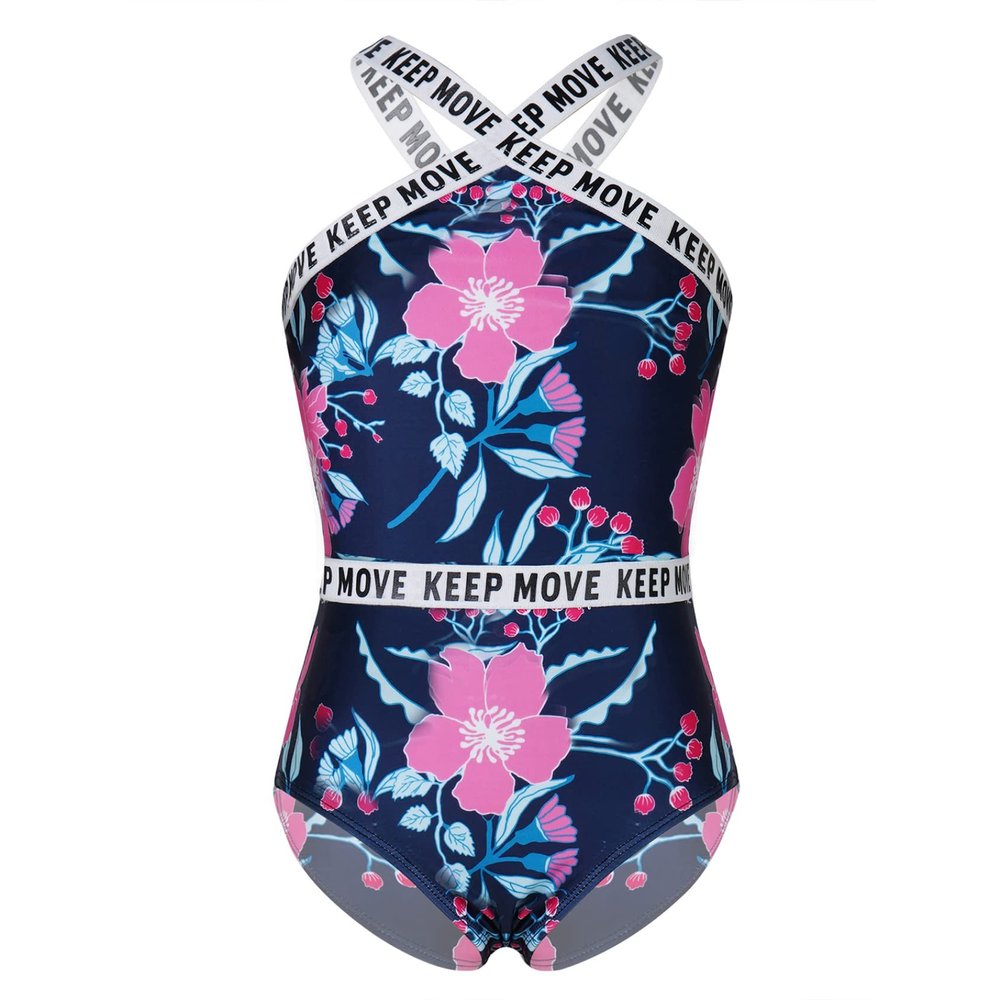 Yihuimin Kids Girls Hawaii Floral One Piece Swimsuit Halter Cross Neck Rashgaurd Shirts Bathing Suit Navy Blue 4 Years
