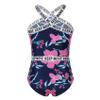 Yihuimin Kids Girls Hawaii Floral One Piece Swimsuit Halter Cross Neck Rashgaurd Shirts Bathing Suit Navy Blue 4 Years view 2