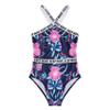 Yihuimin Kids Girls Hawaii Floral One Piece Swimsuit Halter Cross Neck Rashgaurd Shirts Bathing Suit Navy Blue 4 Years view 3