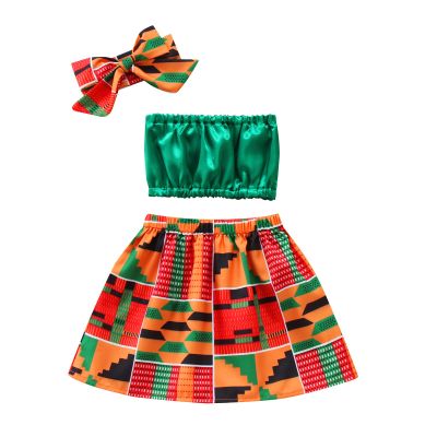 Toddler Kids Baby Girls African Style Vest Tops Dashiki Skirts Headband Ankara Outfits 3PCS Summer Clothes Set (Green, 6-12 Months)