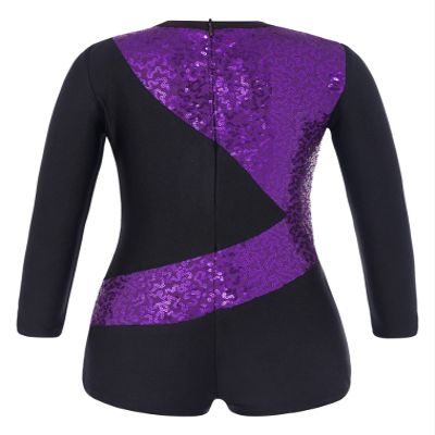 FEESHOW Girls Kids One-Piece Sequins Long Sleeve Gymnastics Leotards Short Jumpsuit for Dance Unitards Biketards Purple 14 Years