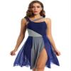 HULIJA Women Contemporary Dance Costumes Lyrical Dance Costumes Ballet Dance Dresses Illusion High Low Chiffon Leotard Dresses Color Block Style-Navy_Blue X-Small view 1