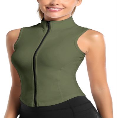 Women Slim Fit Workout Shirts Sleeveless Running Yoga Fitness Tank Tops Lightweight Full Zipper Track Vest Sweatshirt Dry Fit Nylon T-Shirts for Sport Pilate Dancing Training Green