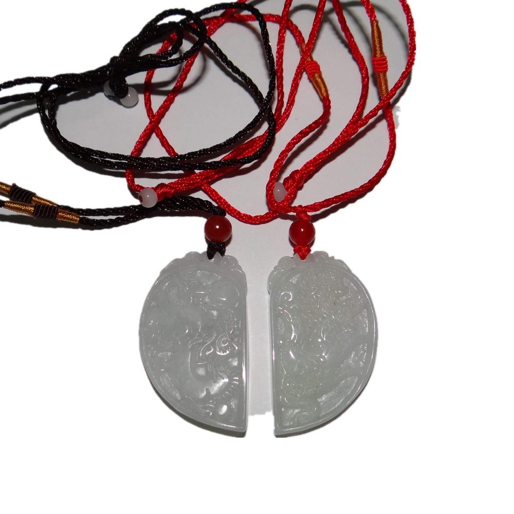 1.7" China Certified Grade A Nature Jadeite Jade Lucky Dragon and Phoenix Pair Neckalce Pendant 9354