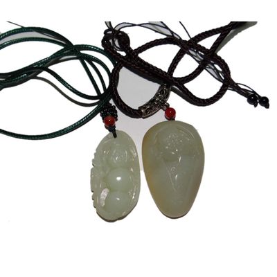 2.3" China Certified Nature Hetian Nephrite Jade Lucky Kidney Bean and Blessing Buddha Necklace Pendant 2379