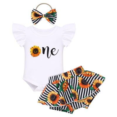 1st Birthday Outfit Baby Girl Ruffle Sleeve Romper Hawaiian Mini Tutu Shorts Skirted Bummies Headband Im One Cake Smash Photo Shoot Summer Sunflowers Theme First Birthday Party Supply 12-18 Months