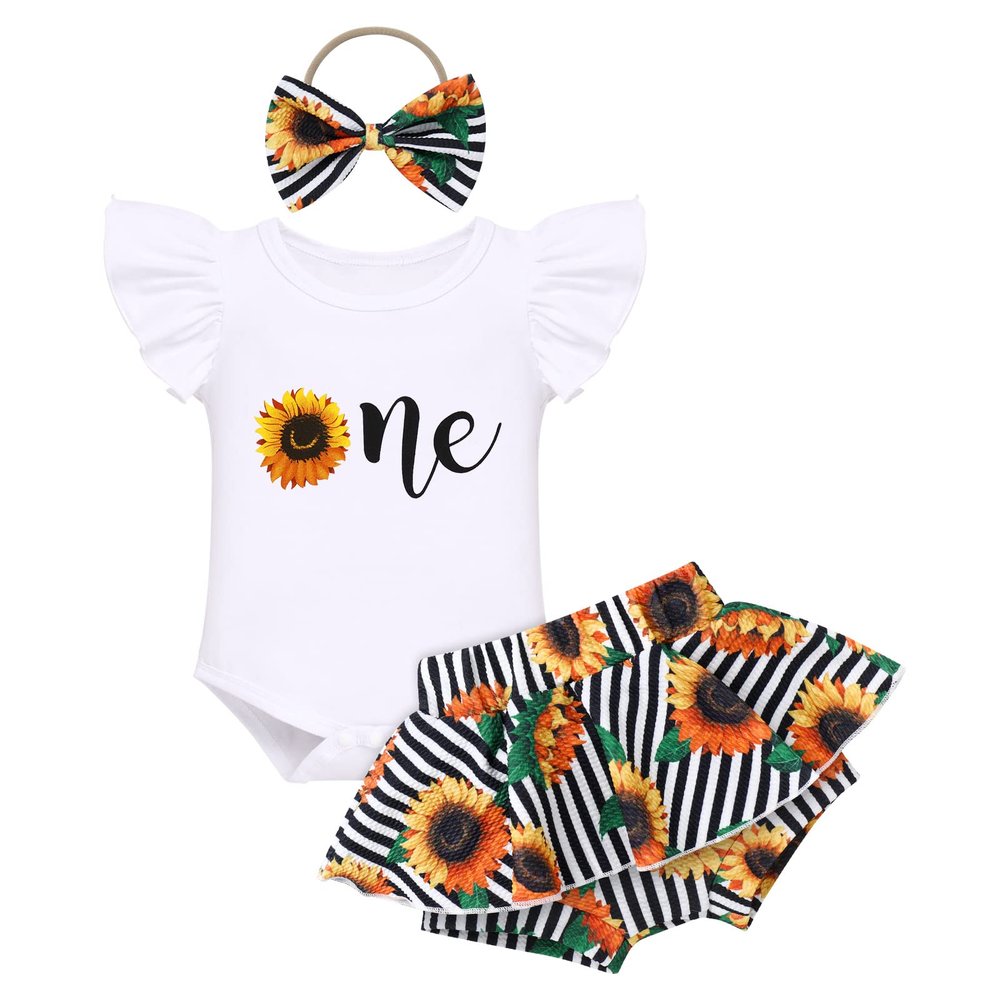 1st Birthday Outfit Baby Girl Ruffle Sleeve Romper Hawaiian Mini Tutu Shorts Skirted Bummies Headband Im One Cake Smash Photo Shoot Summer Sunflowers Theme First Birthday Party Supply 12-18 Months