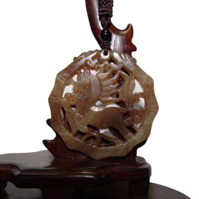 1.9" China Certified Nature Hetian Nephrite Jade Lucky Horse and Double Dragon Necklace Pendant 4804
