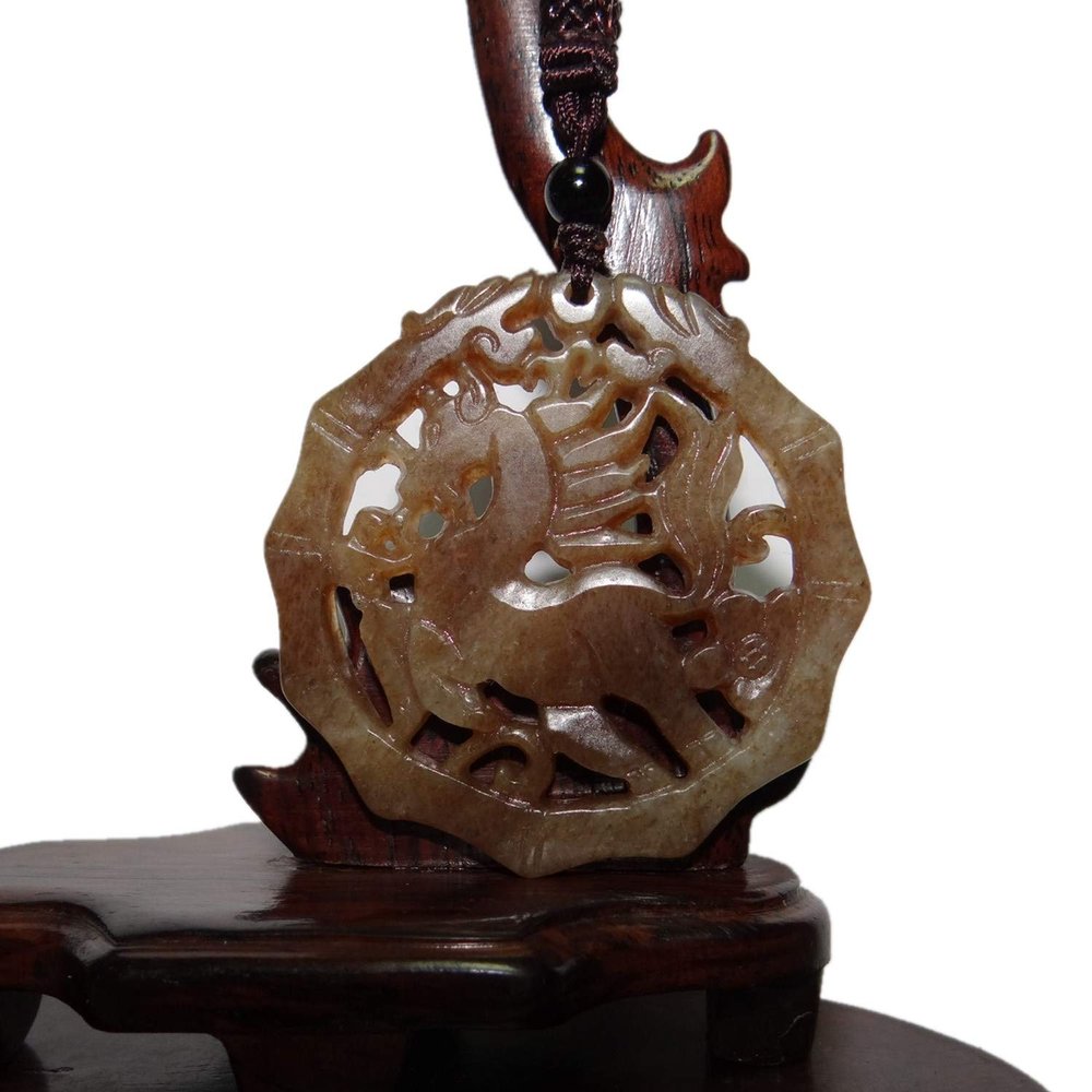 1.9" China Certified Nature Hetian Nephrite Jade Lucky Horse and Double Dragon Necklace Pendant 4804