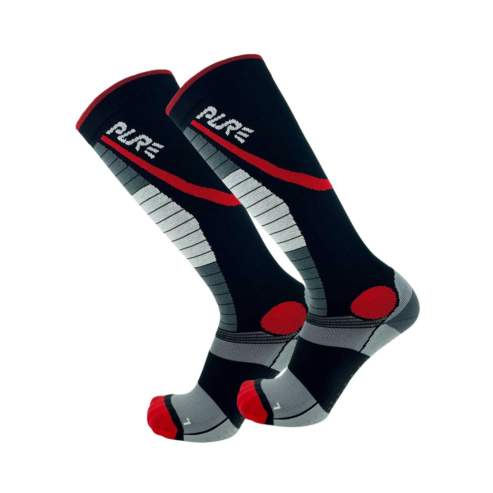 Pure Athlete Lifting Socks- Weightlifting Shin Guards, Deadlift Protector Compression Sock for Cross Training & Weightlift (Black/Red- 2 Pack, Small)