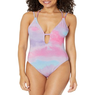 BCBGeneration Women's Standard One Piece Swimsuit Double Strap Keyhole Tummy Control Quick Dry Bathing Suit, Multi, Large