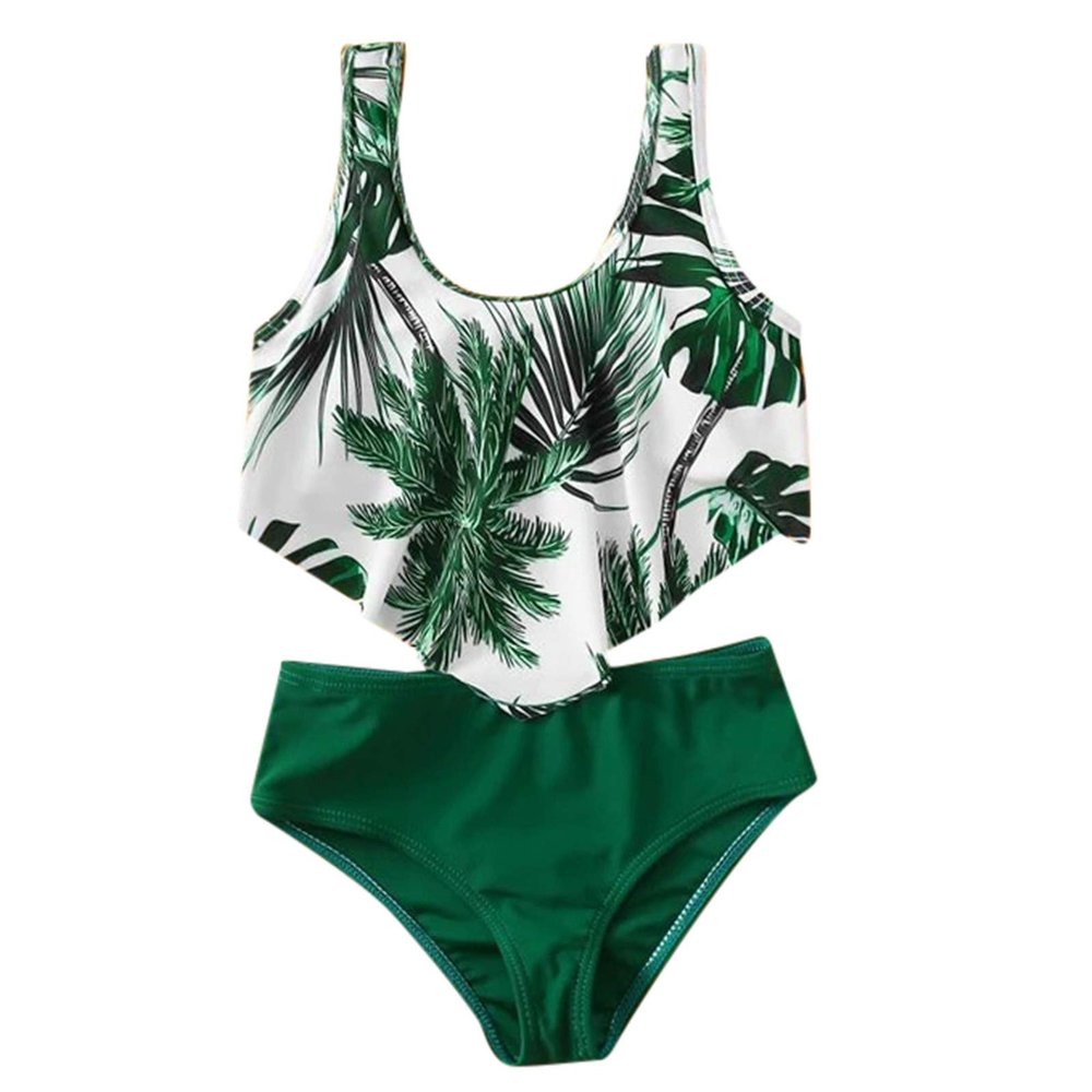 Digood Girls Summer Swimsuit Kids Tropical Striped Print Bathing Suit Hawaiian Holiday Beach Sport Swimwear(Green,9-10 Years)