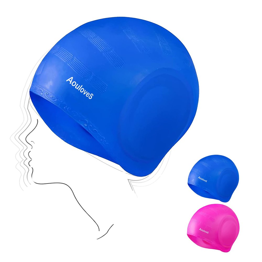 Aouloves 2 Pack Unisex Swim Caps with 3D Ear Protection, Durable Silicone Swimming Caps for Women Men Adults Youths Kids, Easy to Put On and Off