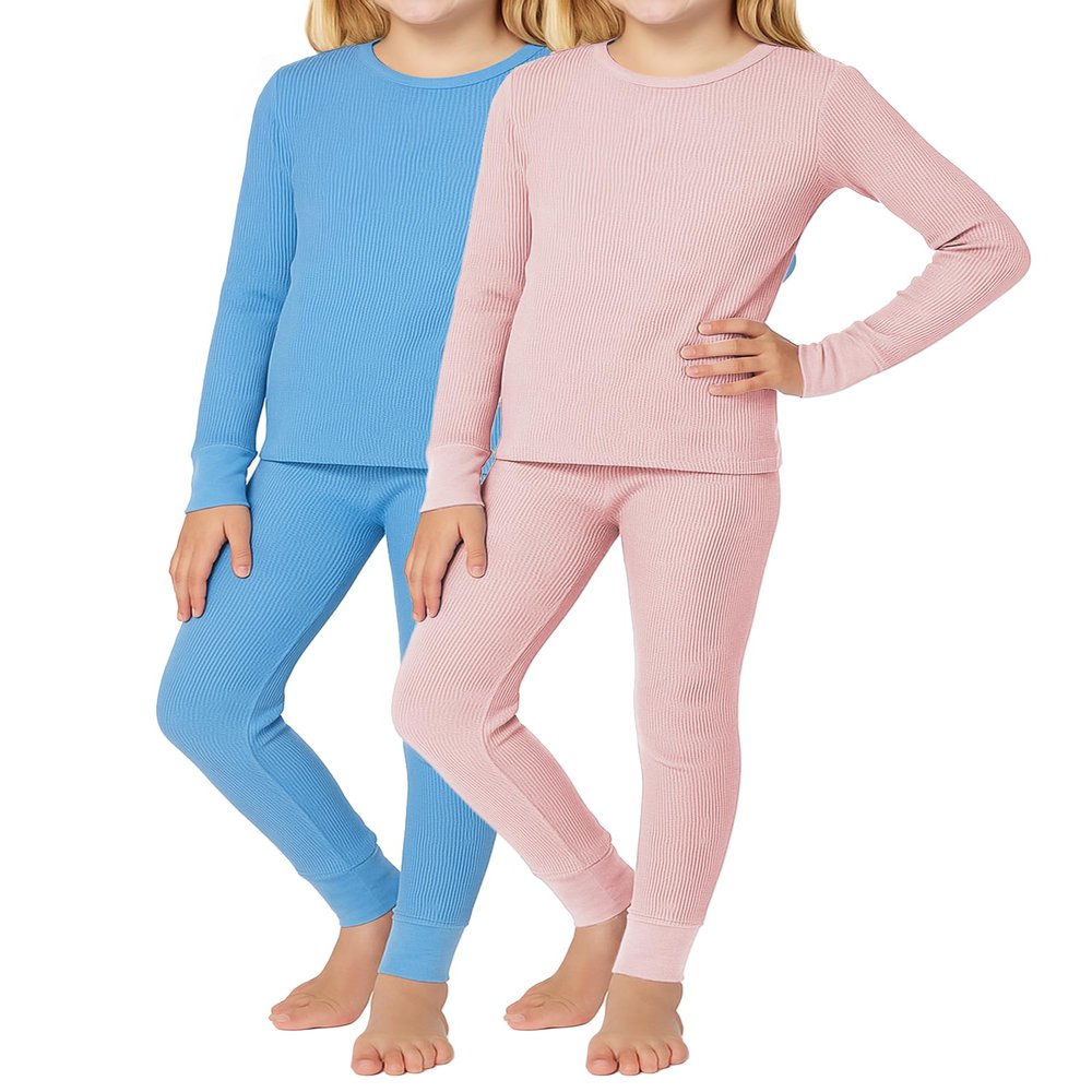 Rene Rofe Girls? Thermal Underwear Set ? 4 Piece Waffle Knit Top and Long Johns (2T-16), Size 7/8, Marina/Light Pink