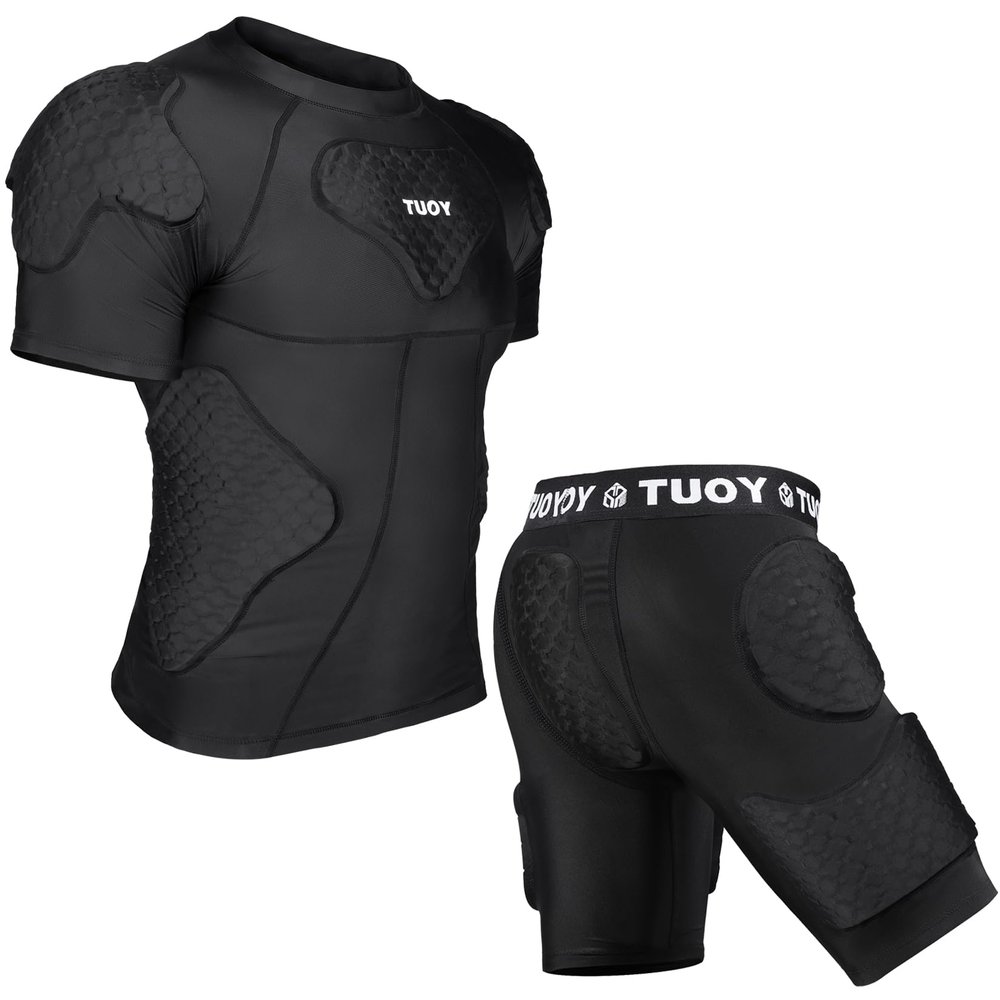 TOUYR Men's Padded Compression Shirt and Pants Training Vest Sleeveless T-Shirt and Short Set Ribs Back Thighs and Buttocks Elbow Knee Protector - Football Soccer Basketball Hockey Protective Gear
