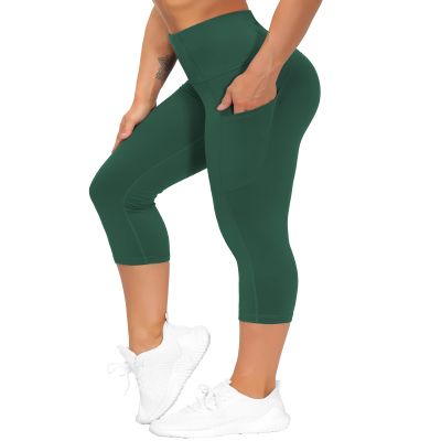 THE GYM PEOPLE Thick High Waist Capris Yoga Pants with Pockets, Tummy Control Workout Running Yoga Leggings for Women Dark Green
