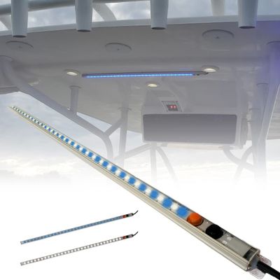 Wave One Marine Dual Color T-Top LED Light With Switch | Boat Courtesy Cockpit Helm Light | Waterproof Bar Housing | Stainless Hardware | IP68 (15.5" White & Blue)