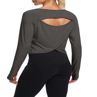 Bestisun Womens Athletic Long Sleeve Shirts Backless Workout Yoga Crop Tops Sports Dance Clothes Deep Heather Gray XL