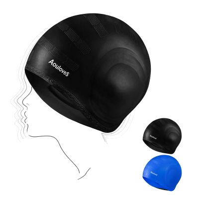 Aouloves 2 Pack Unisex Swim Caps with 3D Ear Protection, Durable Silicone Swimming Caps for Women Men Adults Youths Kids, Easy to Put On and Off