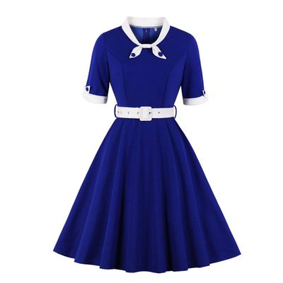 1950s Dresses for Women 50s Style Audrey Hepburn Vintage Rockabilly Retro Short Sleeve Tie Summer A Line Swing Midi Skater Dress Cocktail Party Evening Prom Gown Plus Size Royal Blue+White XXL