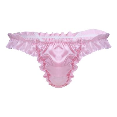 Fldy Men's Sexy Gay Briefs Thong Panties Ruffled Frilly Satin Bowknot Sissy Lingerie Underwear Pink C XX-Large