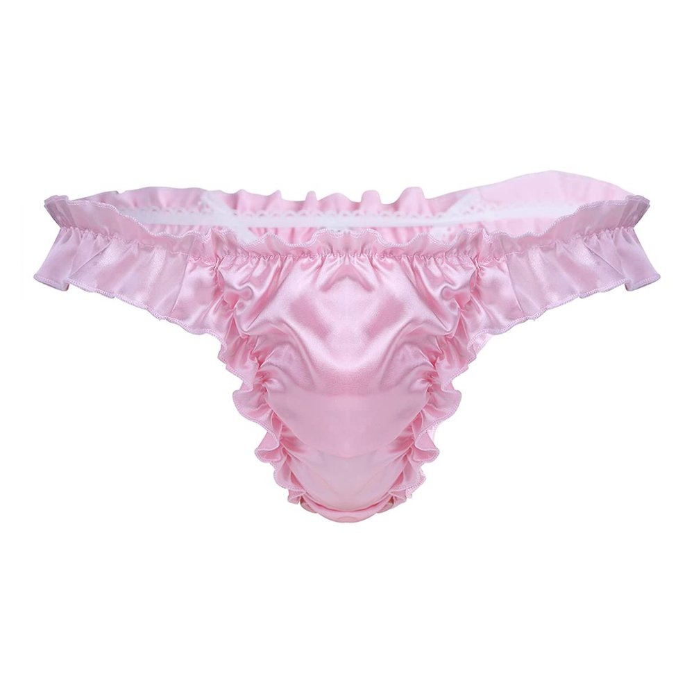 Fldy Men's Sexy Gay Briefs Thong Panties Ruffled Frilly Satin Bowknot Sissy Lingerie Underwear Pink C XX-Large